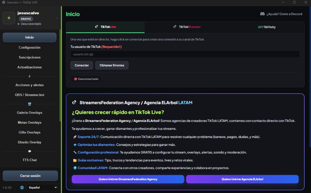 Captura de la aplicación Livecoins conectada a TikTok LIVE